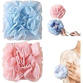 2 Pcs Soap Bar Loofah, 2 in 1 Holds Bar Soap Loofah Washcloth with Drawstring Reusable Luffa Mesh Bath Ball Remove Cuticle Gentle Cleansing Clean and Smooth Skin Suitable for Bath Shower (Pink+Blue)