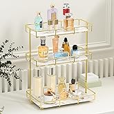 Bathroom Organizer Countertop Perfume Organizer Makeup Organizer Cosmetics Storage Display Rack Vanity Tray Dresser Stainless Steel Gold Shelf White Marble Ceramic Tray