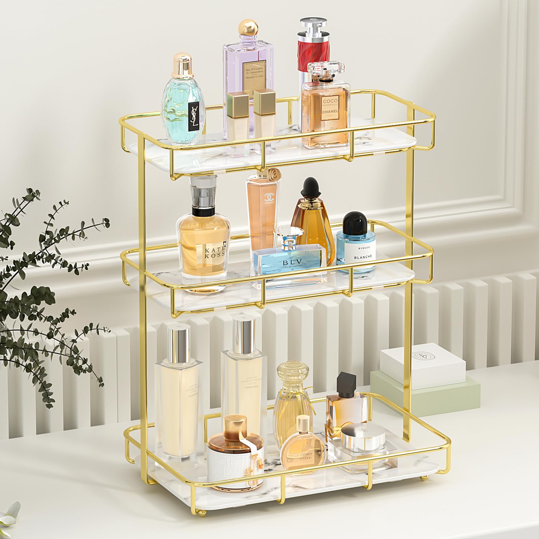 Photo 1 of Bathroom Organizer Countertop Perfume Organizer Makeup Organizer Cosmetics Storage Display Rack Vanity Tray Dresser Stainless Steel Gold Shelf White Marble Ceramic Tray