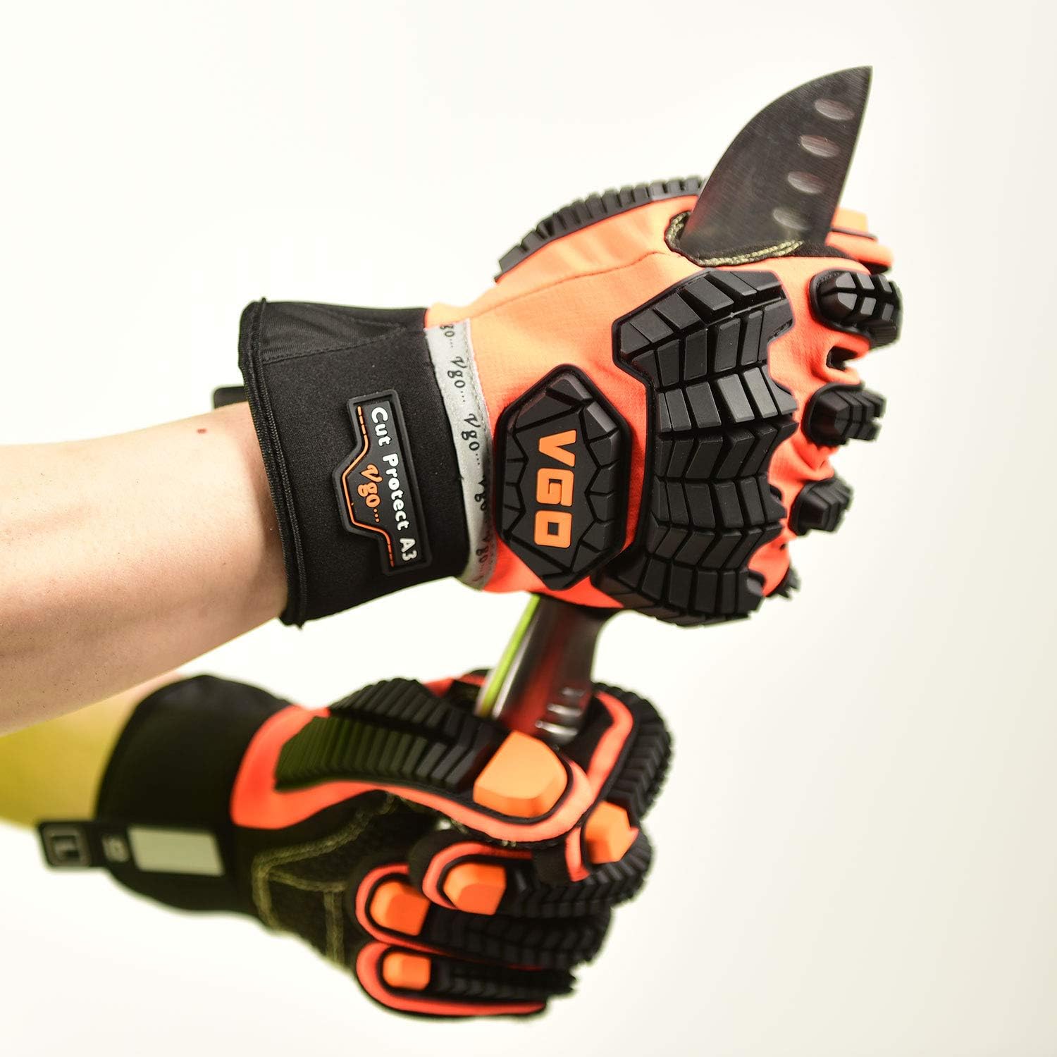 Vgo Offshore Anti Vibration Oil-Proof Cut Resistant ANSI A3 Cut-Resistance Impact Protection Water-repellent Safety Synthetic Leather Work Gloves (Size L, Orange, SL9769HY) - - 