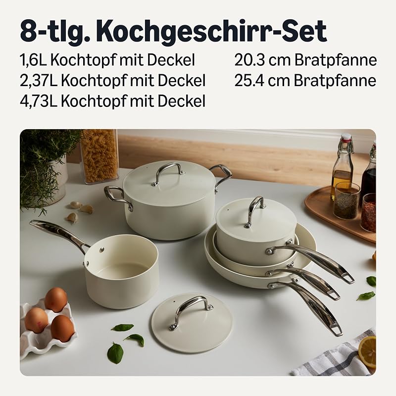Antihaft-Keramikkochgeschirr, 8-Teiliges Topf- und Pfannenset, Spülmaschinen- und Ofenfest, Für alle Herdarten geeignet, Leinengrau