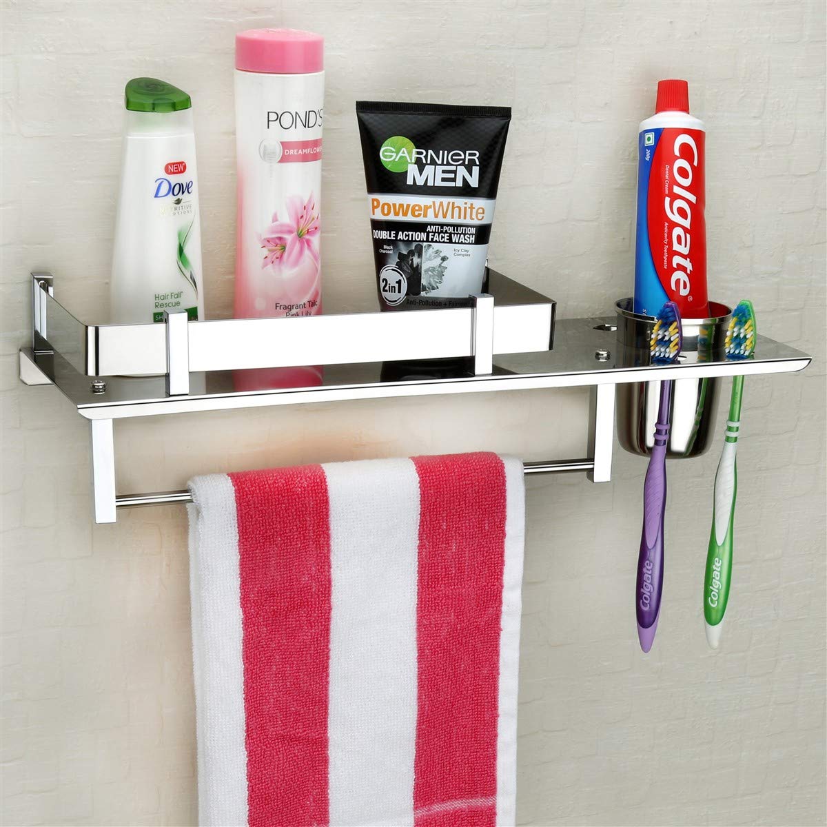 Plantex Stainless Steel 3 In 1 Multipurpose Bathroom Shelf Rack Towel Hanger Tumbler Holder Bathroom Accessories 15 X 6 Inches Pack Of 1 Amazon In Home Improvement