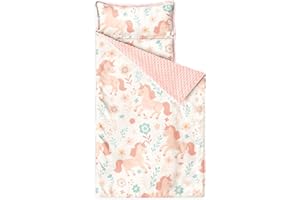 Wake In Cloud - Toddler Nap Mat with Pillow and Minky Fleece Blanket, for Kids Girls in Daycare Preschool Kindergarten, Roll Up Sleeping Bag, Cute Unicorn Floral Botanical, Light Cream, Standard