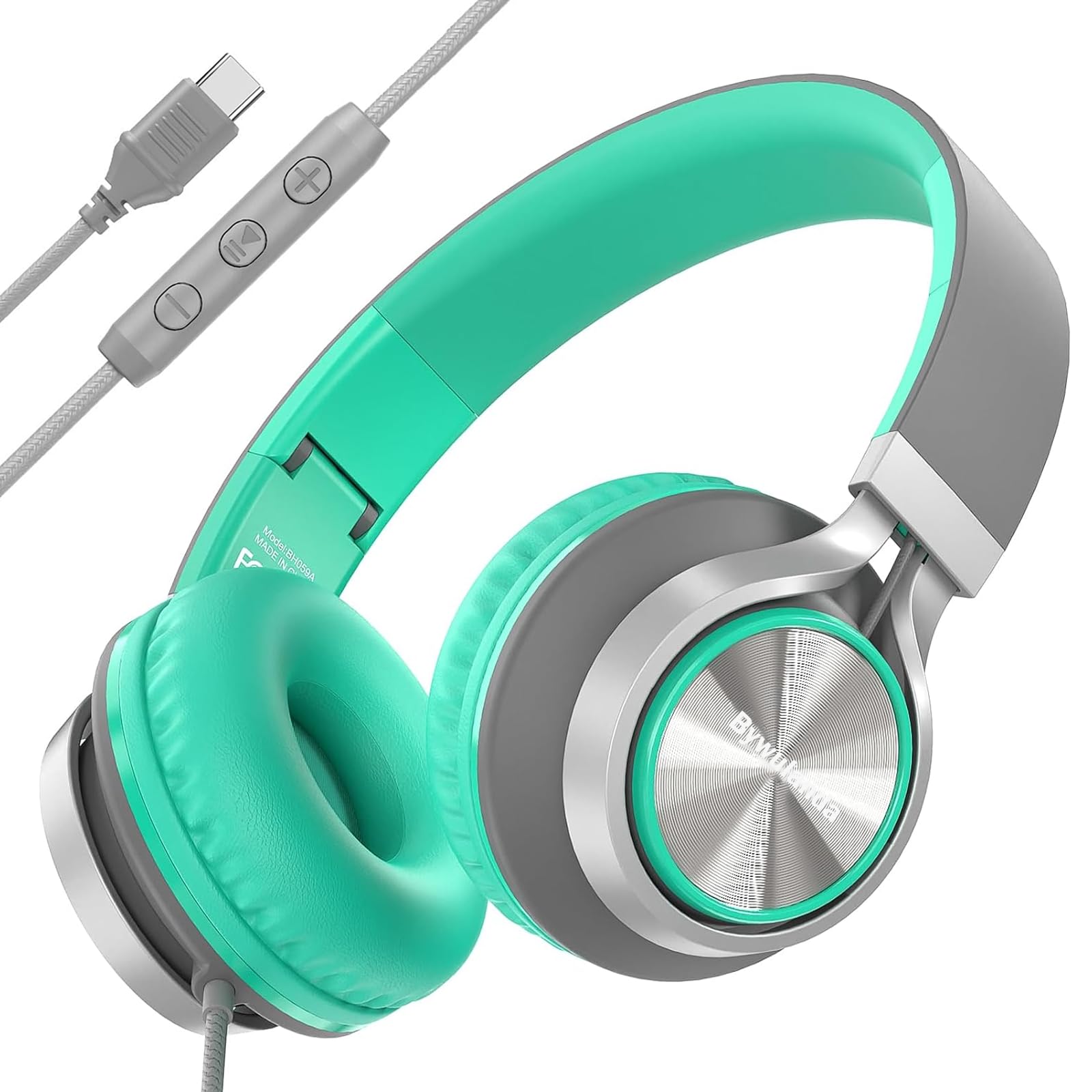 Photo 1 of Bywulanda USB C Headphones with Mic and Volume Control, Over Ear Stereo Headsets for iPhone 15 16 Pro, Wired Foldable Headphones for Smartphones Chromebook Laptop Tablets Travel(Green/Gray)