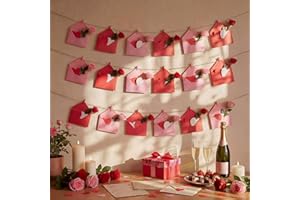 Humyoun 24 Sets Valentines Hanging Photo Display Room Wall Decor Heart Picture Frame Including 12 Pink and 12 Red Envelopes, 4 Strings with 30 Clips, 8 Self Adhesive Hooks, 48 Red Pink Heart