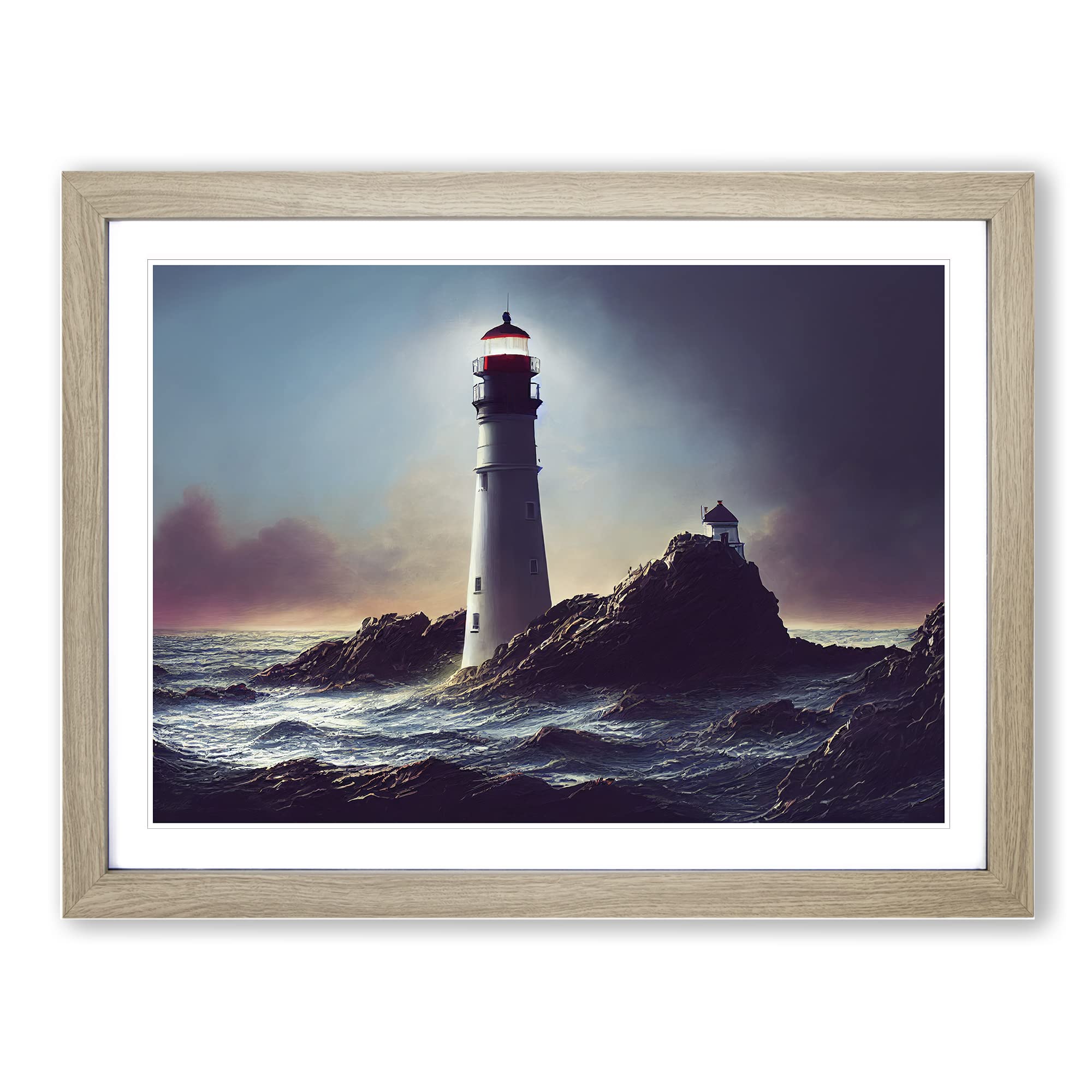 Brave Lighthouse Seascape Framed Print | A4 Oak Framed Wall Art | Ready to Hang | Modern Cityscape Picture | Living Room Bedroom Lounge Office