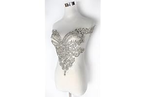 Labellezalady New Gold Silver Rhinestones Bodice and Neck Applique Handmade Glass Crystal Applique Patch for Dress Cloth by Piece (Silver-B)