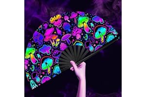 OMyTea UV Glow Large Rave Clack Popping Fan for Line Dancing - Boots on The Ground Folding Hand Fan - for EDM, Music Festival, Hot Flashes, Party, Decoration (Purple Mushroom)