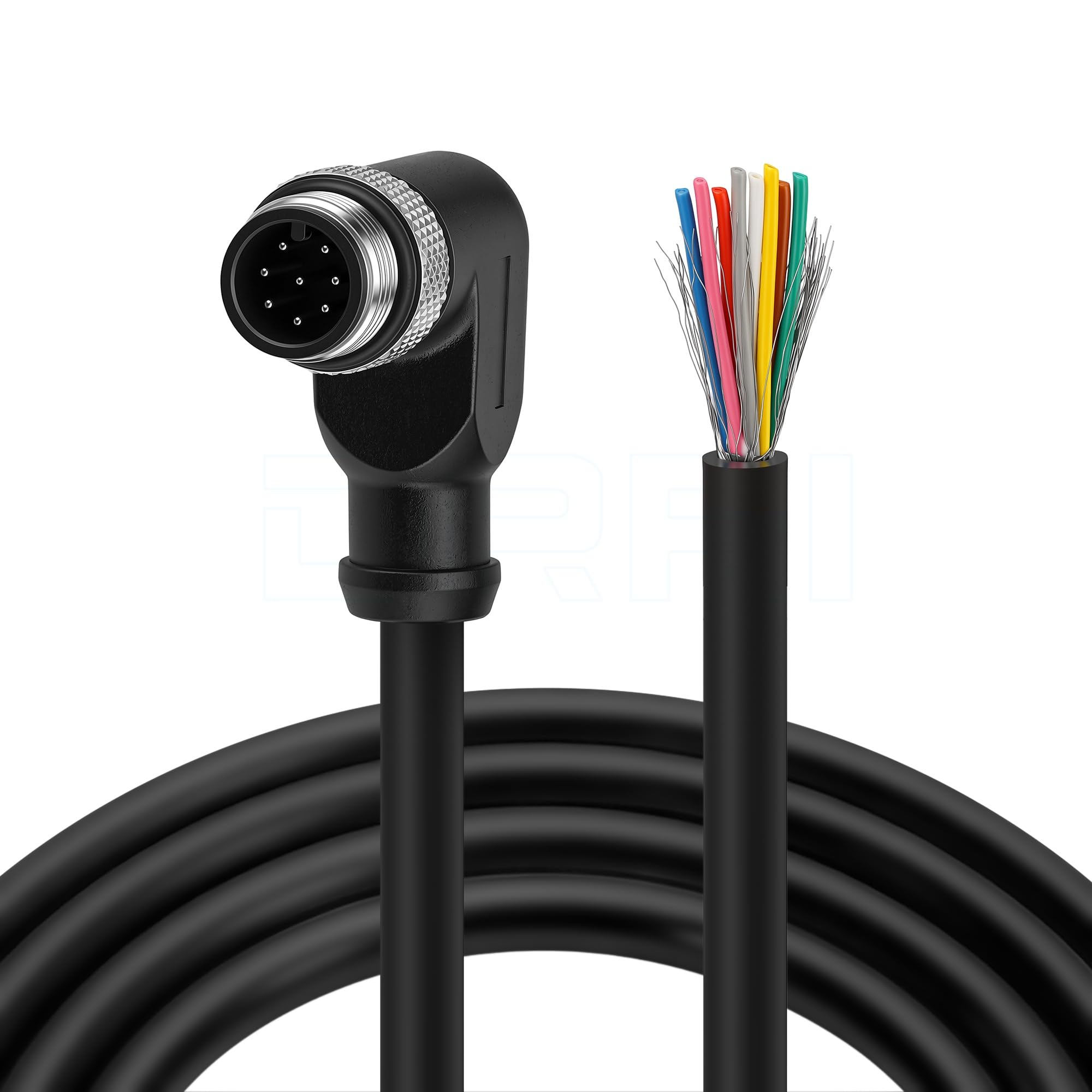 DRRI M12 Right Angle 8-Pins Male Sensor Connector to Fly Lead Waterproof Electrical Shield Cable for Automation Application
