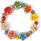 PLwelth Flower Ceramic Beaded Bracelet Bohemian Hippie Colorful Beaded Stretch Bracelets Handmade Boho Bracelet for Women Cute Floral Elastic Bracelets Trendy Jewelry Gifts for Birthday Christmas