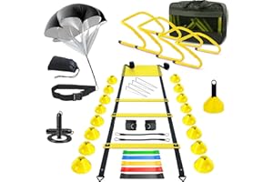 Haootadiy Agility Training Equipment, Football Training Equipment Includes 20FT Agility Ladder,4 Adjustable Agility Hurdles, 16 Football Cones, Parachute, for Training Soccer Basketball Athletes