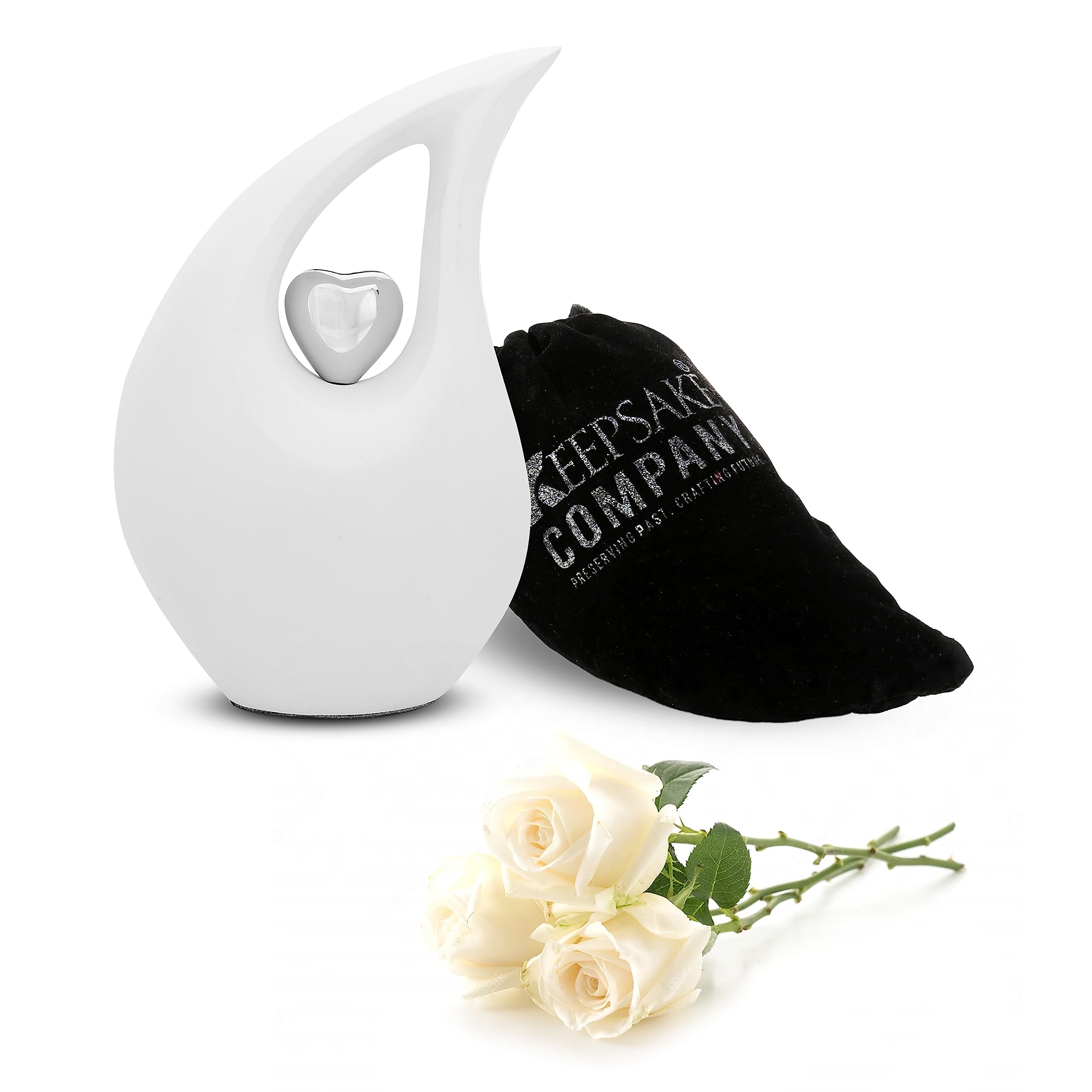 KEEPSAKE COMPANY White Tear Drop Medium Urns for Human Ashes with Silver Heart (6 Inch Height) - Unique Medium Urn Funeral Urn - Small Pet Urn,White Matte — image 1