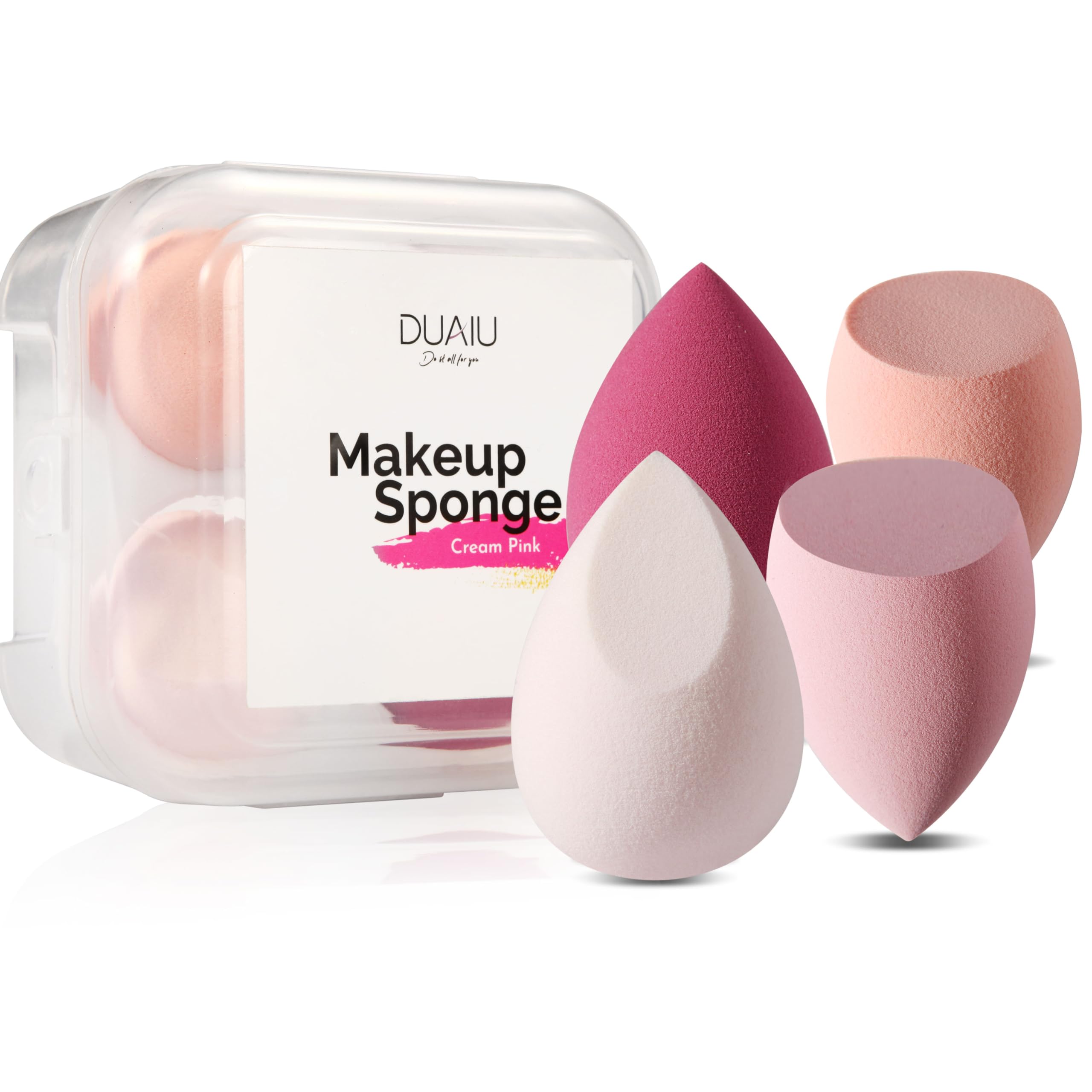 DUAIU 4 Pack Beauty Blender Foundation Sponges Set 4 Color, Latex Free with 1 Sponge Holder Case for Liquid Foundation Powder Sunscreen and Cream