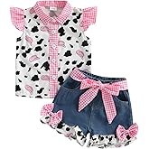Emmababy Toddler Cowgirl Outfit Girl Denim Shorts Set Ruffle Sleeve Button Shirt Kids Jeans Set Western Baby Summer Clothes