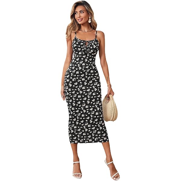 Omoone Womens Floral Dress Low-Cut Square Neck Spaghetti