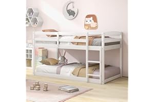 Giantex Twin Low Bunk Bed, Solid Wood Twin Over Twin Bunk Bed Frame with Full Guardrails & Integrated Ladder, Floor Twin Bunk Beds for Kids Boys and Girls, No Box Spring Needed, White