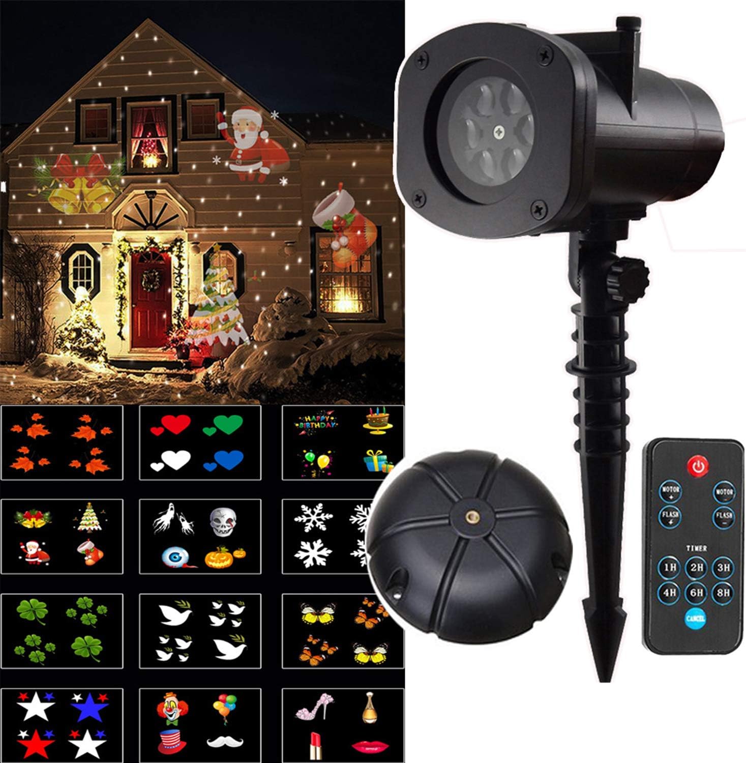 YAMADIE Waterproof IP65 12 Pattern Projector, 3D Rotation Landscape Lighting, Indoor and Outdoor Wall Decoration Lighting Wireless Remote Control.
