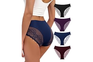 Women's Mid Rise V-Cut Seamless Briefs, Solid Color Lace Trim Soft Comfort Fit Breathable Panties 4-Pack