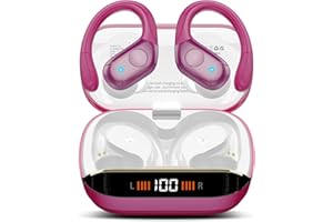 Qecnato Wireless Earbuds Bluetooth 5.4 Headphones 75H Playtime Stereo Deep Bass Sports Ear Buds with Earhooks, LED Display Bluetooth Earbuds with 4 ENC Mic, IP7 Waterproof Earphone, Rose Gold