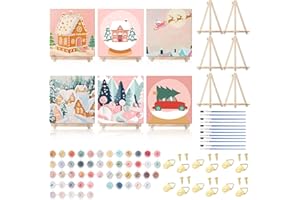 YooNotee 6 Pack Christmas Paint by Numbers Kit 8 x 8 Inch Pink Themed DIY Canvas with Wooden Display Easel, Brushes and Paints 6 Designs for Adults Family Holiday Decor