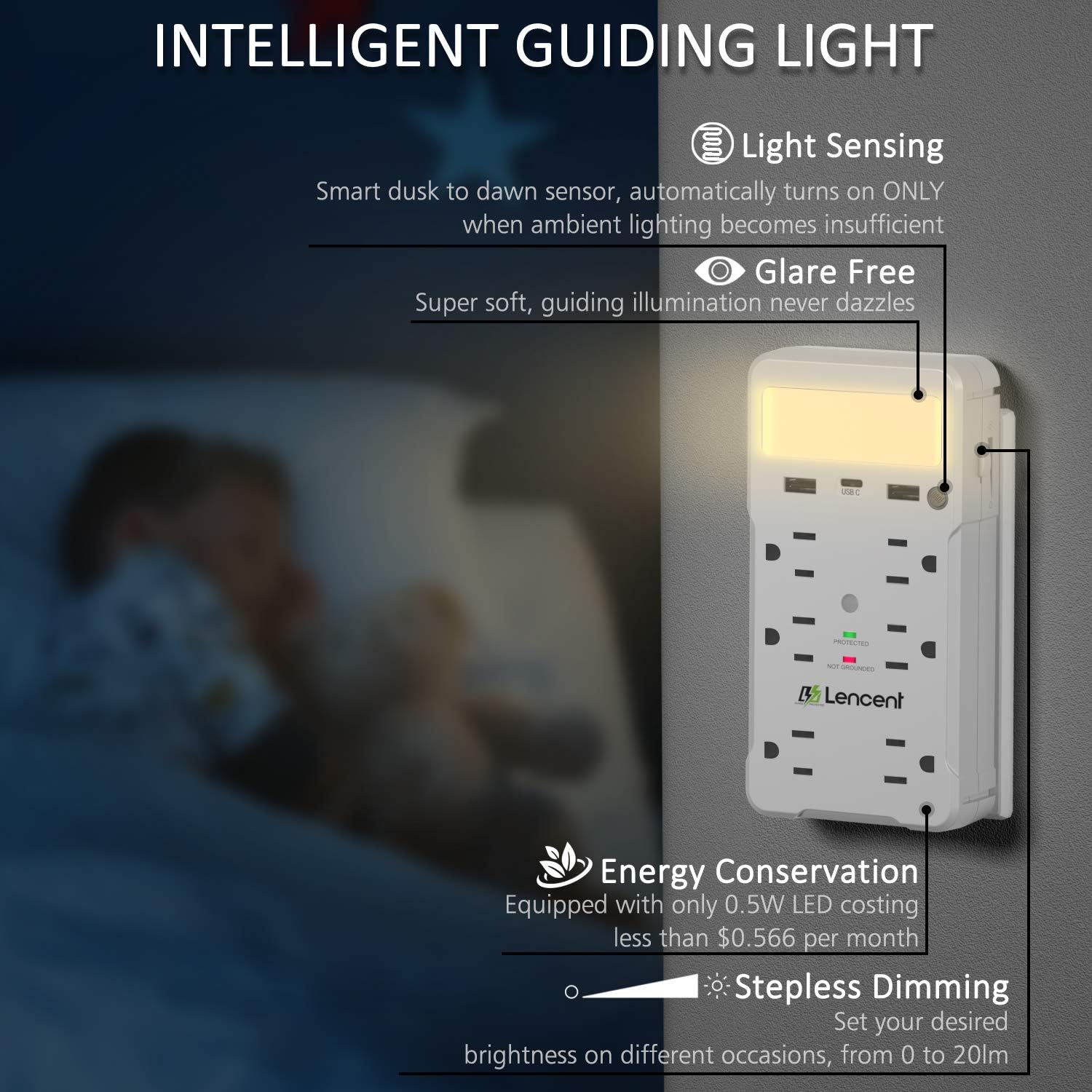 Socket Shelf, LENCENT Surge Protector Multi Plug Outlet Extender Extension with 6 Prong, USB C and Night Light, Type C Wall Charger Adapter Power Strip Multiple Socket Splitter Expander - ETL Listed - - 