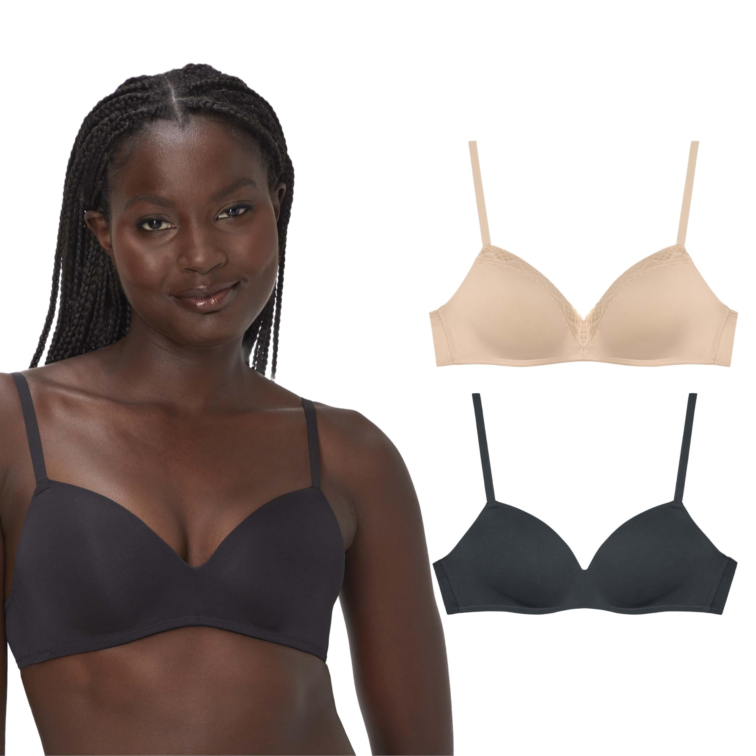 Photo 1 of Maidenform, Modern Demi Wireless T-Shirt, Convertible Bra for Women, 2-Pack, Black/Almond