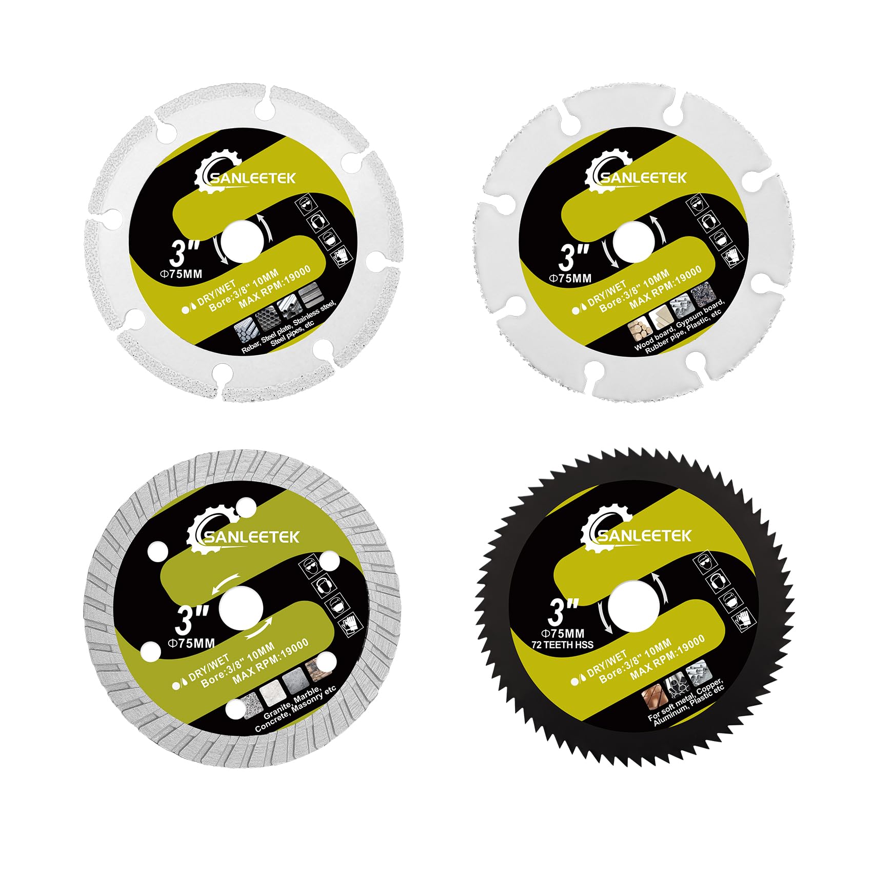SANLEETEK Diamond Cutting Grinding Disc 75mm - 4pcs Wood/Concrete/Metal/Steel Disc for Porcelain/Ceramic/Tile/Wood/Soft Metal/Plastic Arbor 10mm Angle Grinder