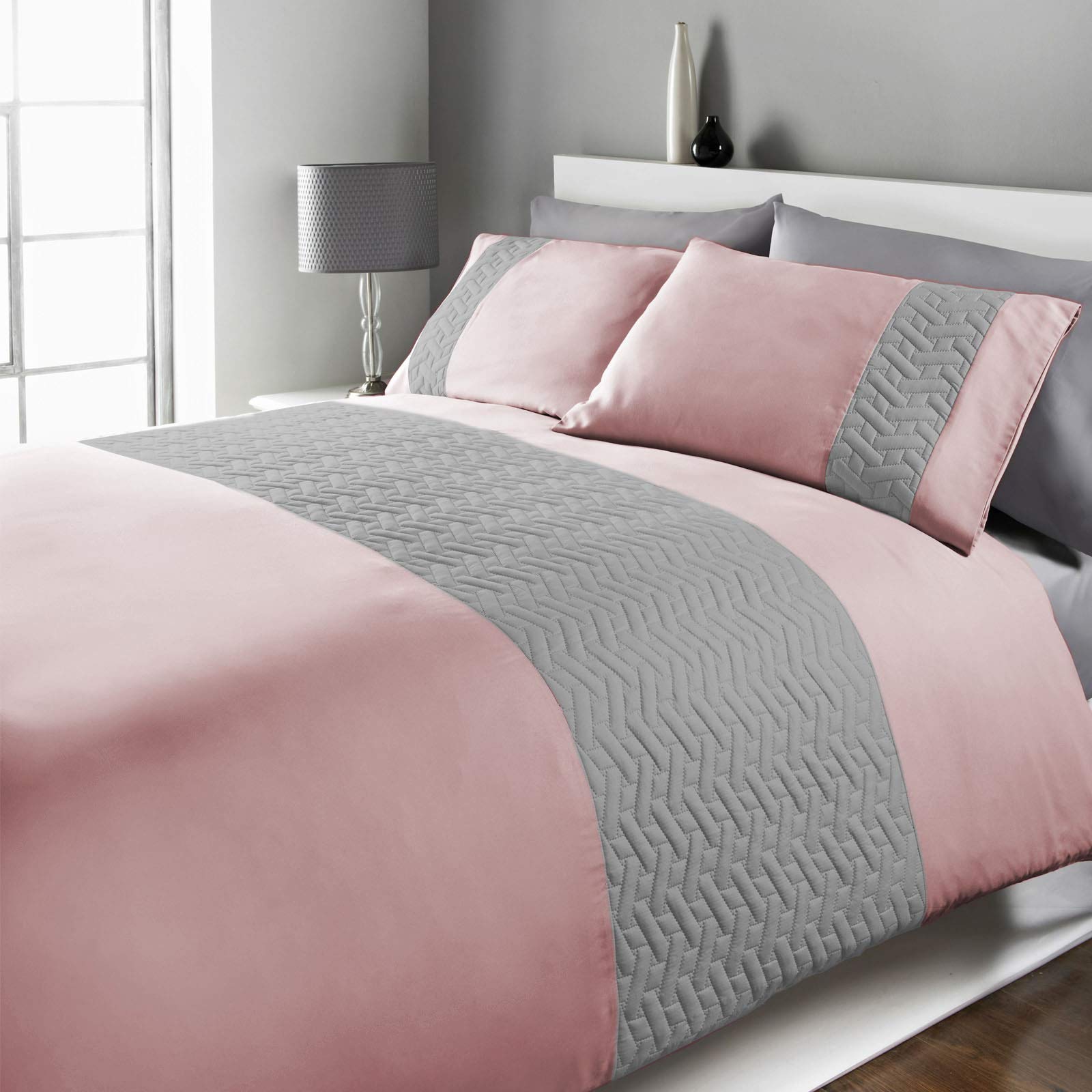 Brentfords Pinsonic Duvet Cover with Pillow Case Embossed Embroidered Geometric Panel Bedding Set, Blush Grey - King