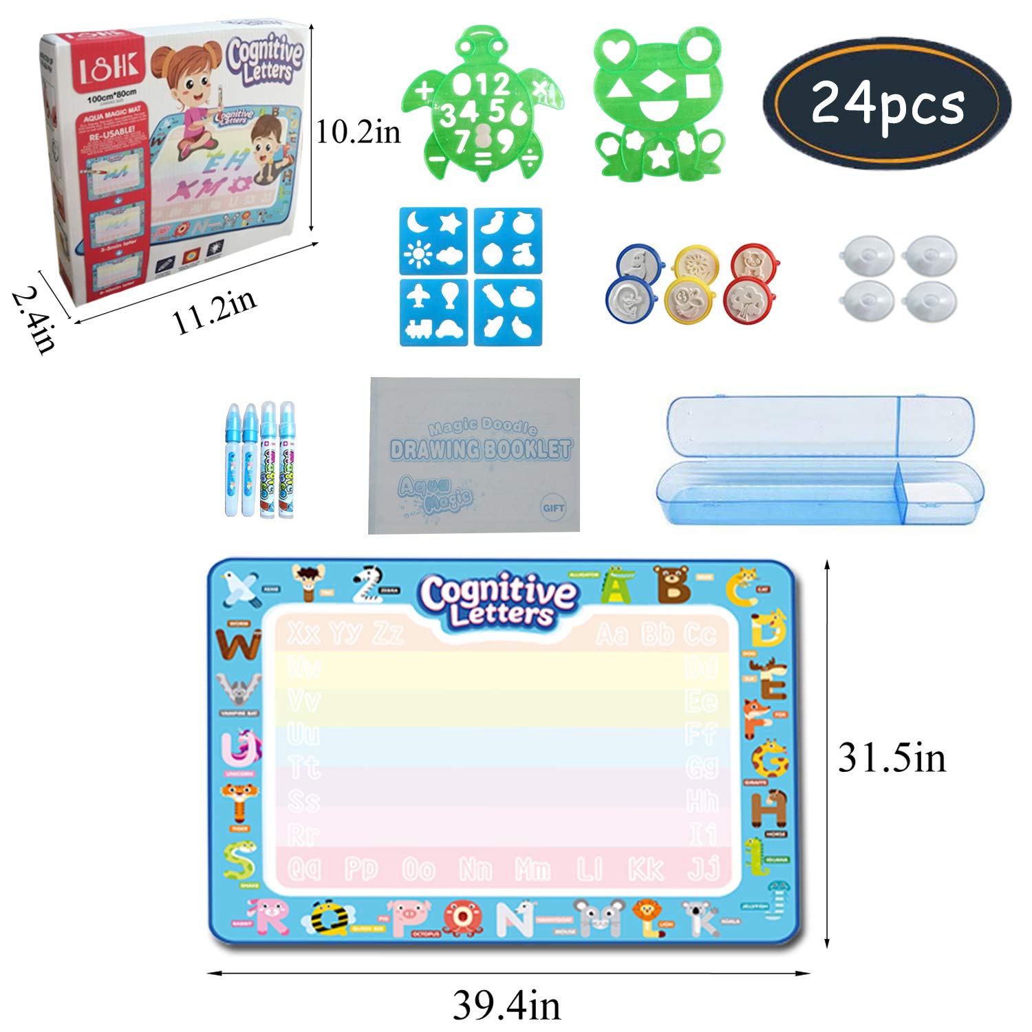 Aqua Magic Doodle Mat, Water Drawing Mats 39.5×31.5 Inches Large, Kids Mess-Free Coloring Painting Writing Pad, Educational Toys Gifts for Boys Girls Toddlers Age 2 3 4 5 6 7 8 Years Old