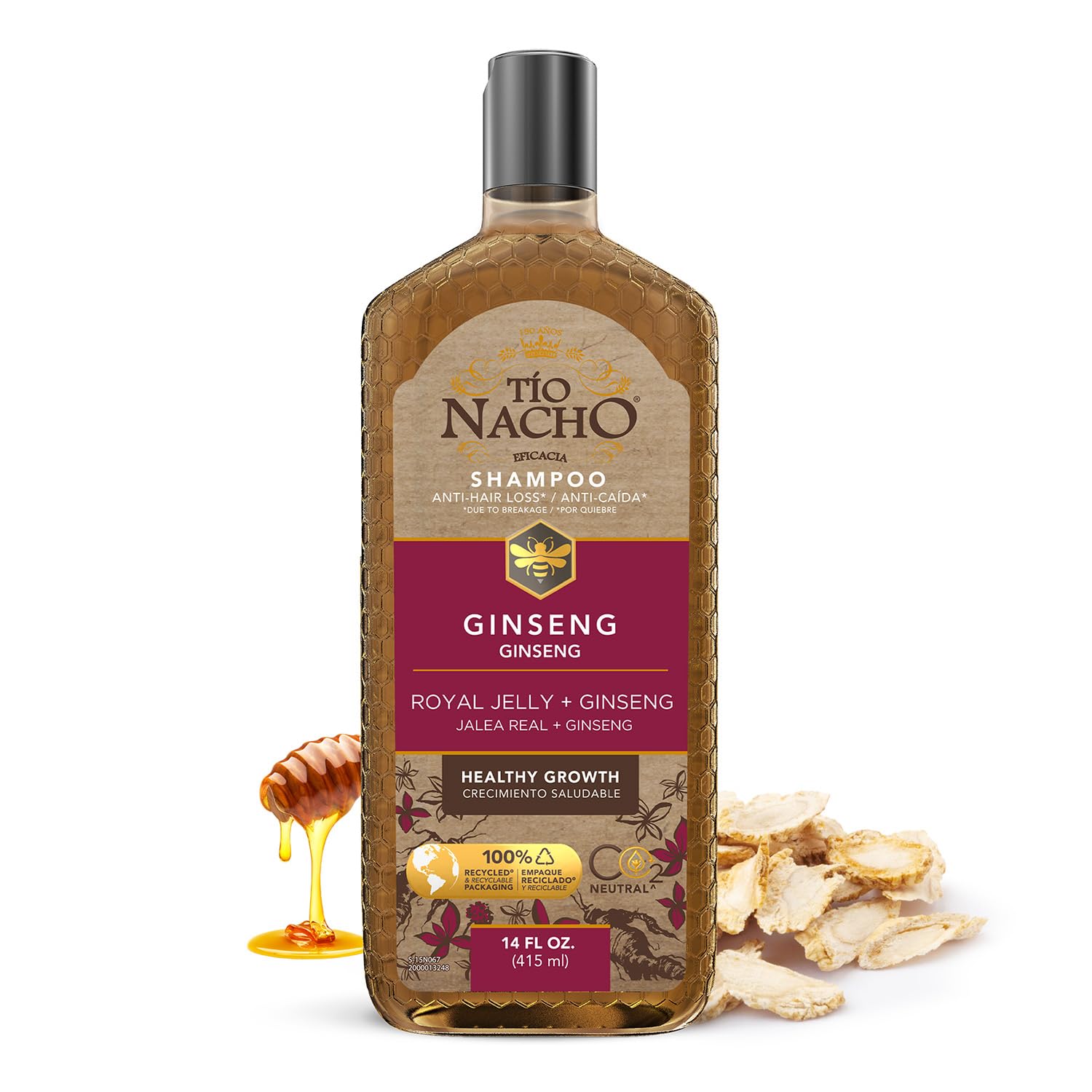 Tío Nacho Ginseng Royal Jelly Shampoo, 415ml (14 fluid ounce) - Reduces hair loss; with Panax ginseng, Burdock, Rosemary, Aloe Vera, Jojoba, and Royal Jelly