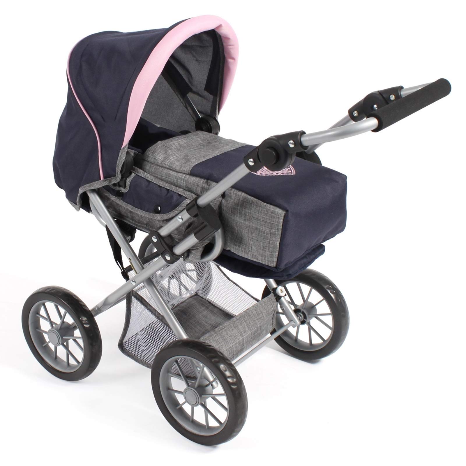 Bayer Chic 2000 - Leni Doll's Pram, 2-in-1 Combination Doll Pram with Removable Carry Bag, Melange Grey, Navy, Pink, 64 x 37 x 68 cm
