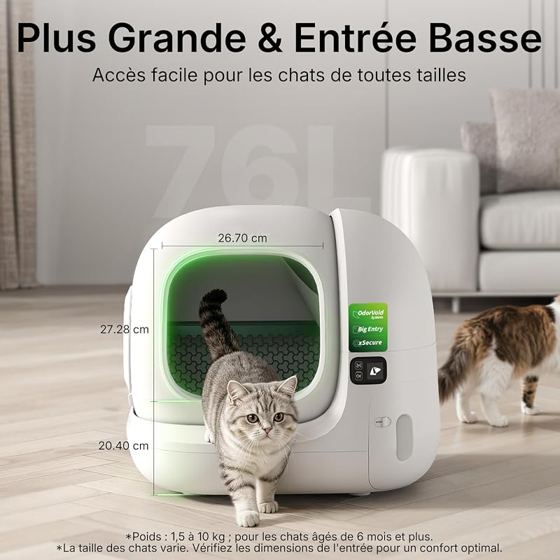 Purobot Max 3 Litiere Chat Autonettoyante, Grande Ouverture, Double Désodorisation, Anti-fuites/Pincement, xSecure, Contrôle APP, Capacité 76L,Tapis Anti-adhérent 3.0, pour Plusieurs Chats