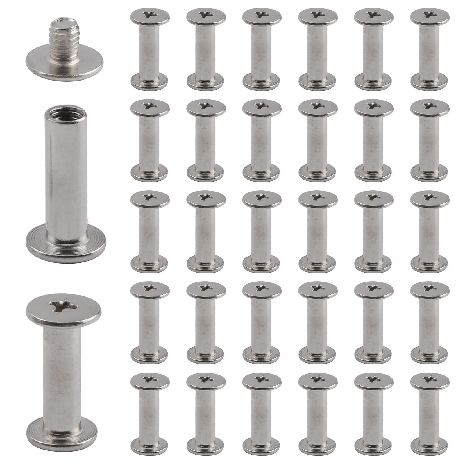 INCREWAY Stainless Steel Phillips Screws, 30 Sets 5mm X 16mm Chicago Binding Screws Round Cross Head Stud Screw Posts Nail Rivet Chicago Button, Silver Tone