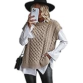 Milumia Women's Cable Knit Cap Sleeve Sweater Vest Crew Neck Side Slit Loose Knit Pullover Tank Tops
