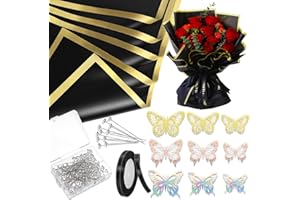 YOULDIANZI Bouquet Wrapping Paper Kits, 60Sheets Waterproof Flower Wrapping Paper, Floral Wrapping Paper Bouquet in Black Pink Beige With Ribbons, Flower Pins, 3D Butterflies & Crowns for Florist Wrap (Black gold trim-z1)