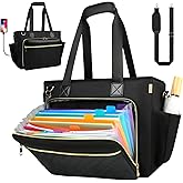 Partreko Teacher Tote Bag with Colourful Accordion File Organizer Pocket, USB Port& 15.6 Inch Laptop Compartment, Large Work Bag with Insulated Pocket for School Teacher Essential Nurse Women (Black)