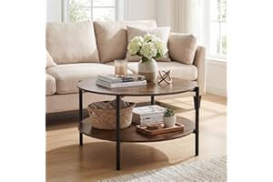 Giantex Round Coffee Table, 33.5" Small Center Table with Open Storage Shelf and Heavy-Duty Metal Frame, 2-Tier Wood Cocktail