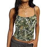 KIGRAD Women Y2k Spaghetti Strap Camo Tank Vest Backless Sleeveless Leaf Print Crop Cami Shirts Going Out Workout Tops