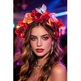 Fdesigner Light Up Flower Headband Day of the Dead Headpiece Halloween Costume Hair Accessories (Red Orange)