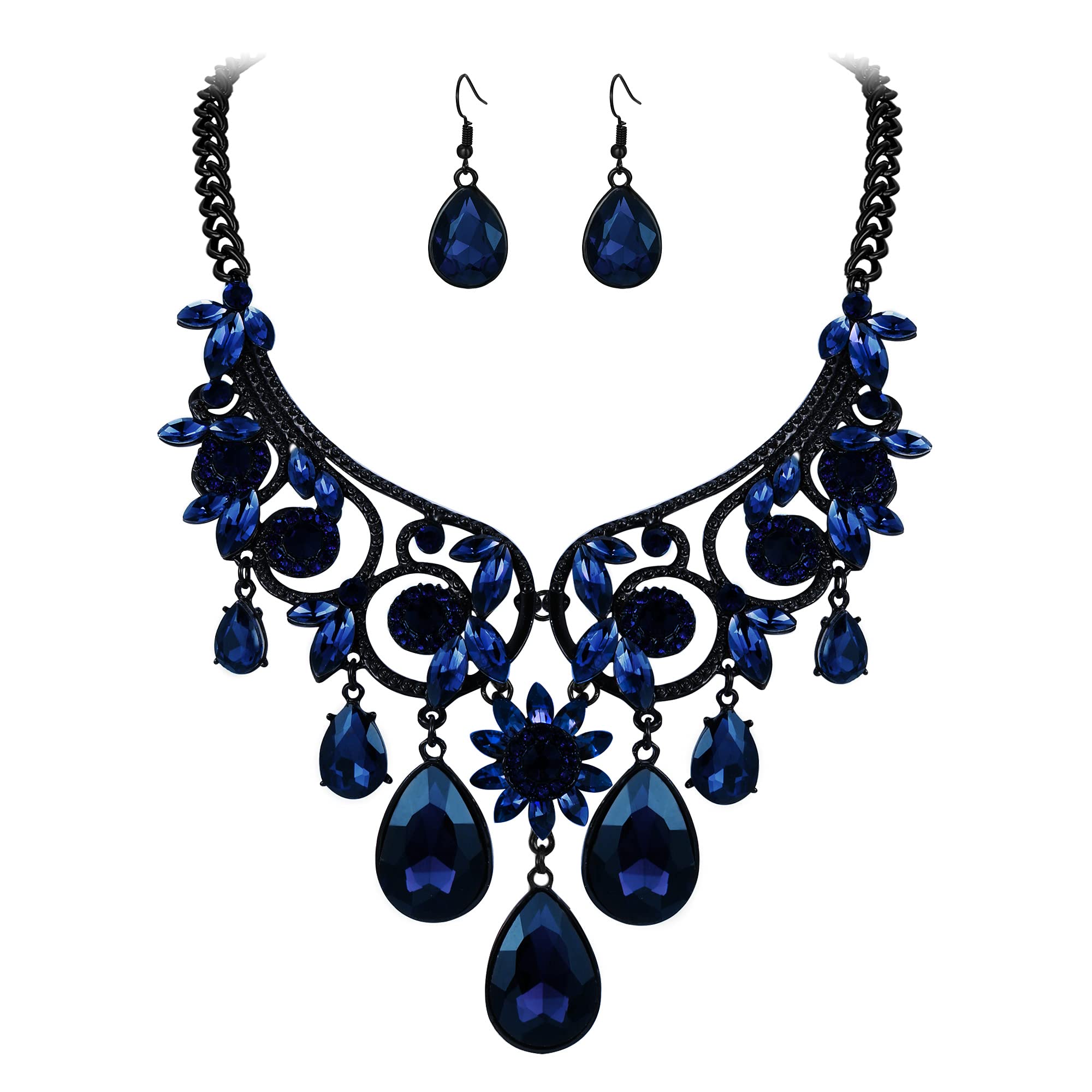 Clearine Halloween Costume Jewellery Diamante Crystal Gemstone Tribal Ethnic Chunky Wedding Bridal Statement Necklace Dangle Earrings Set for Women Sapphire Black-Tone