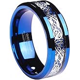 QUEENWISH 6mm/8mm Blue Tungsten Carbide Ring Celtic Dragon Blue Carbon Fibre Inlay Mens Wedding Band Comfort Fit