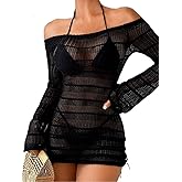 Kaei&Shi Sexy Crochet Coverups for Women,Off Shoulder Long Sleeve Beach Dresses,Bathing Suit Cover Up Vacation Outfits