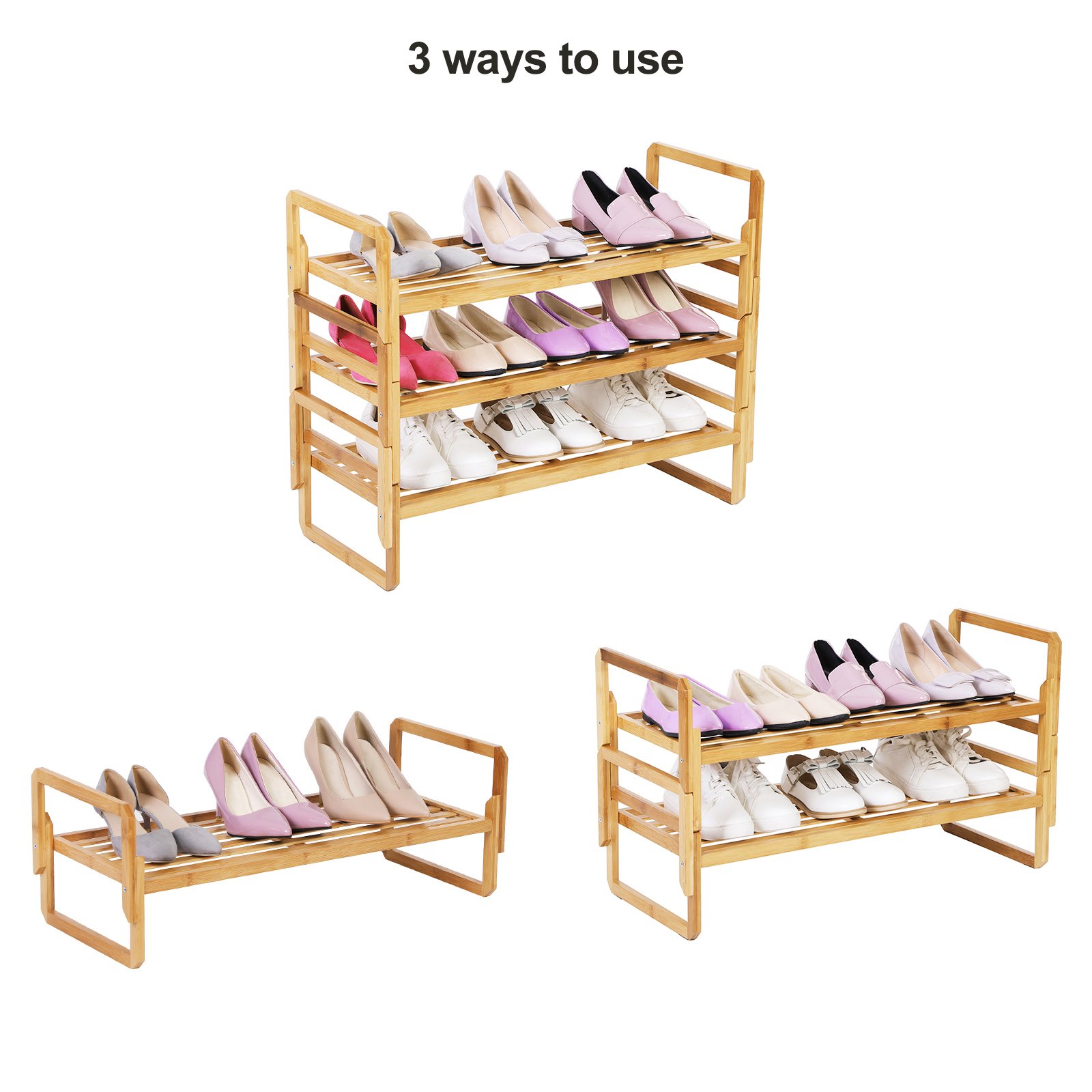 SONGMICS Stackable Wood Shoe Rack Shelf 3Tier (3 Of One Tier) Bamboo