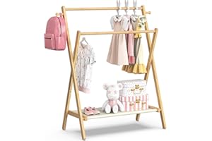 BAMBOOHOMIE Kids Clothing Rack, Kids Dress Up Rack with Storage Shelf & Double Rods, Foldable Kids Clothes Rack for Toddler N