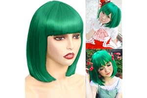 Akkya Green Bob Wigs with Bangs for Women Short Colored Straight Synthetic Hair Green Wig for Party Halloween Costume Cosplay (12inch,Green)