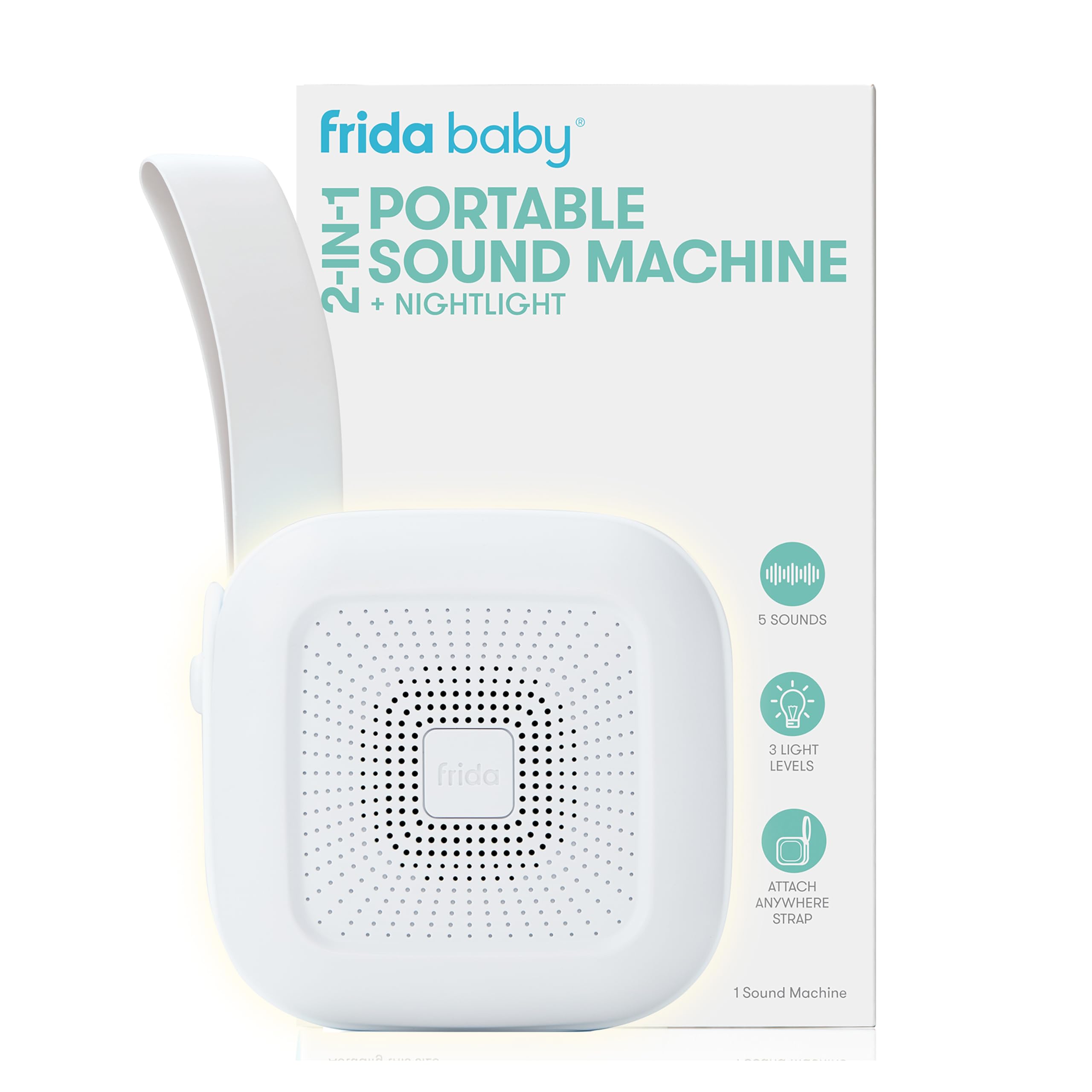Frida Baby 2-in-1 Portable Sound Machine, White Noise Sound Machine for Baby + Night Light with 5 Soothing Sounds & 3 Nightlight Model, Travel Sound Machine Attaches to Buggies, Car Seats and Cots