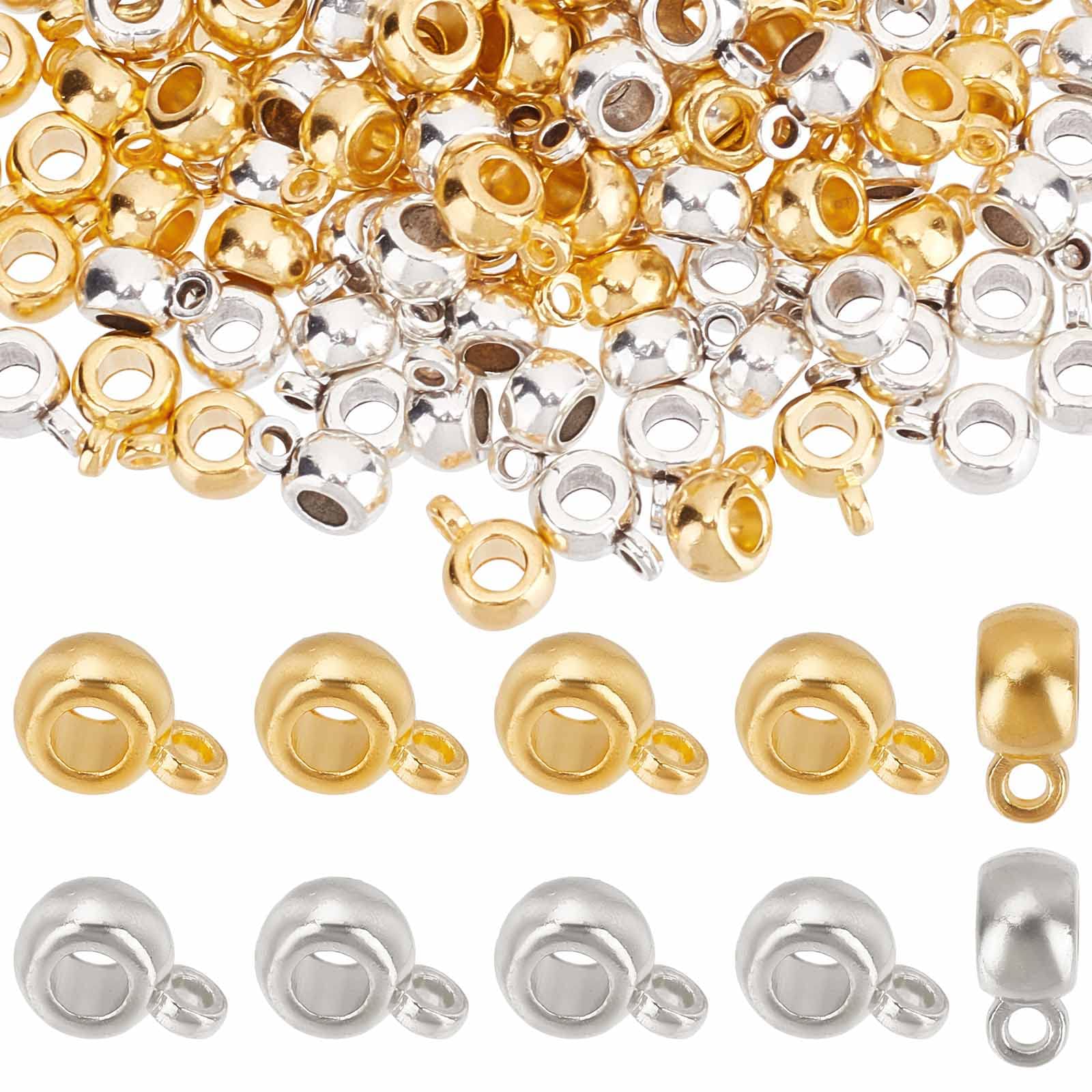SUNNYCLUE 1 Box 200Pcs Bails Beads Bail Bead Charms Link Bail Beads European Large Hole Bead Silver Spacer Beaded Metal Loose Spacers for jewellery Making Women Adults DIY Bracelet Necklace Crafts