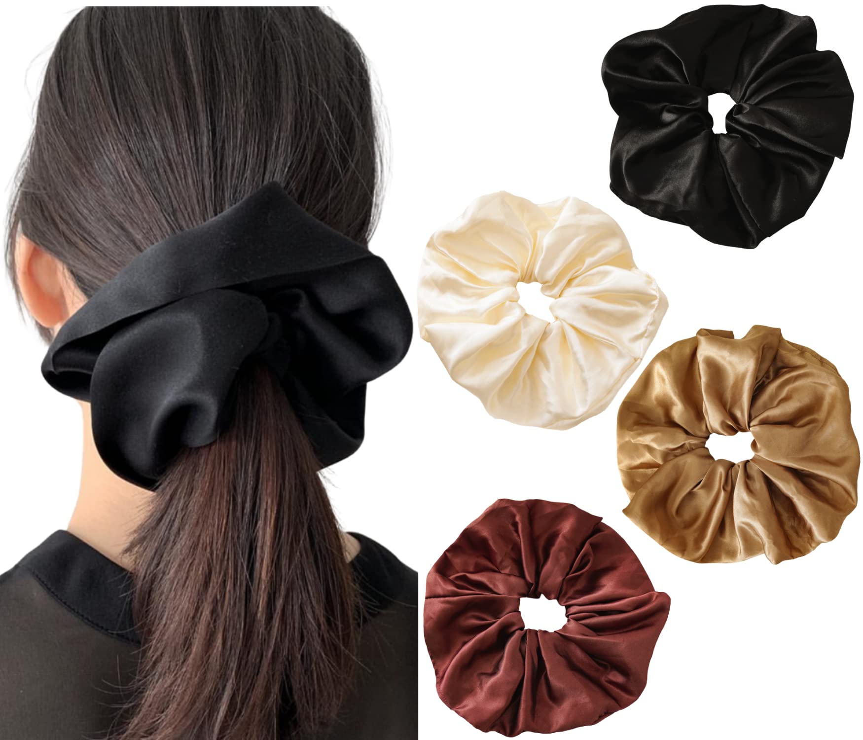 Photo 1 of Big Satin Scrunchies for Women, XL Oversized Hair Scrunchies for Thick Hair, Extra Large Soft Silk Pillow Scrunchy, Jumbo Hair Tie for Curly Hair Buns Ponytails, 4 Pack(L)