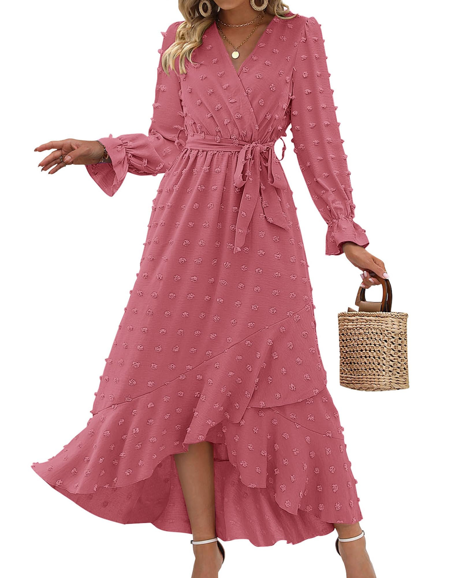 Photo 1 of BTFBM Long Sleeve Maxi Dresses for Women V Neck Swiss Dot Boho Flowy Slit Cocktail Wedding Guest Dress Fall Clothes 2025(Pink, Small)