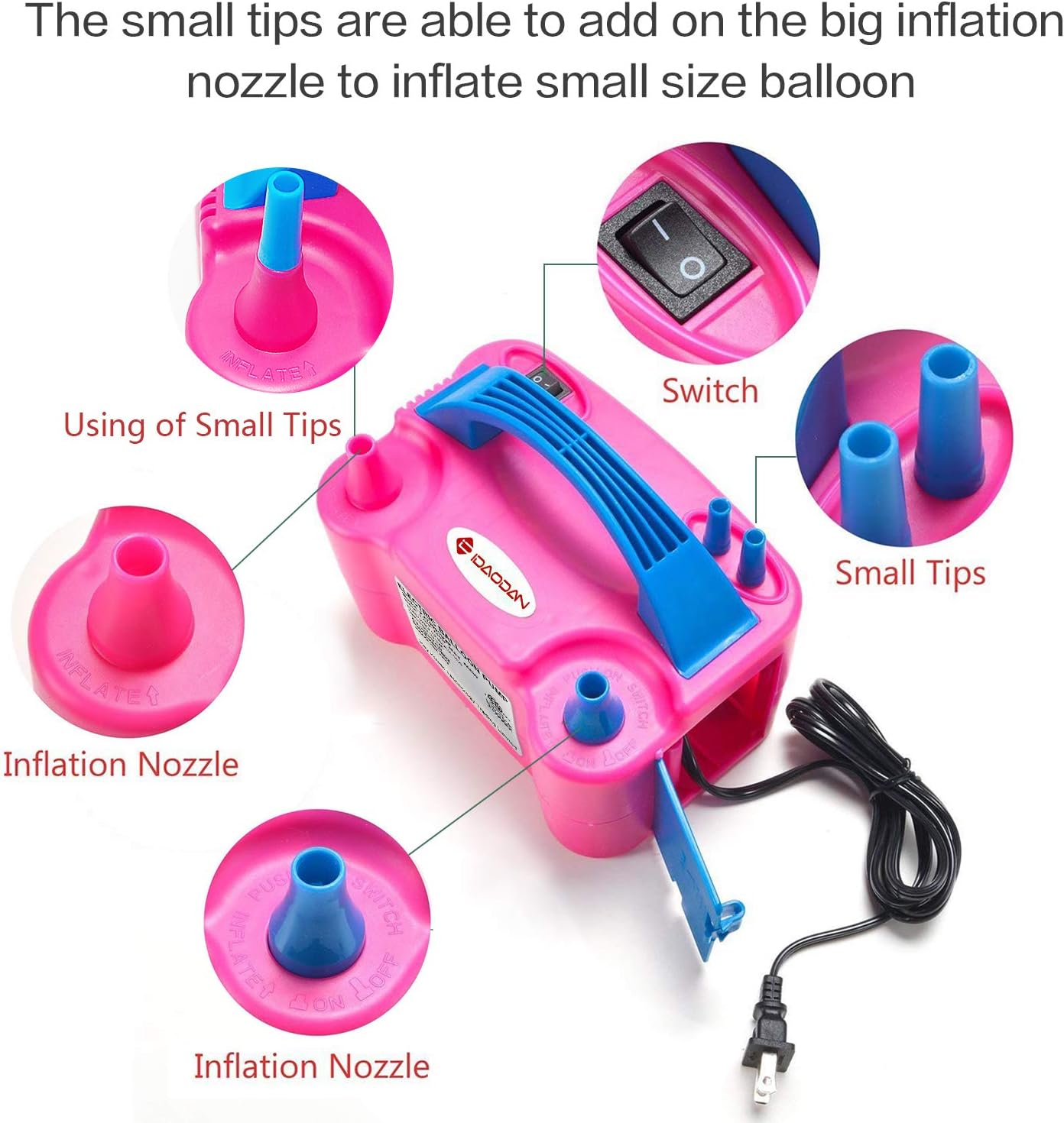 IDAODAN Portable Dual Nozzle Rose Red 110V 600W Electric Balloon Blower Pump/Electric Balloon Inflator For Decoration: Toys & Games